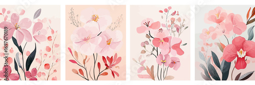 Set of four pink floral greeting card designs with elegant orchid flowers, delicate branches, minimalist vintage style frames for invitations or posters