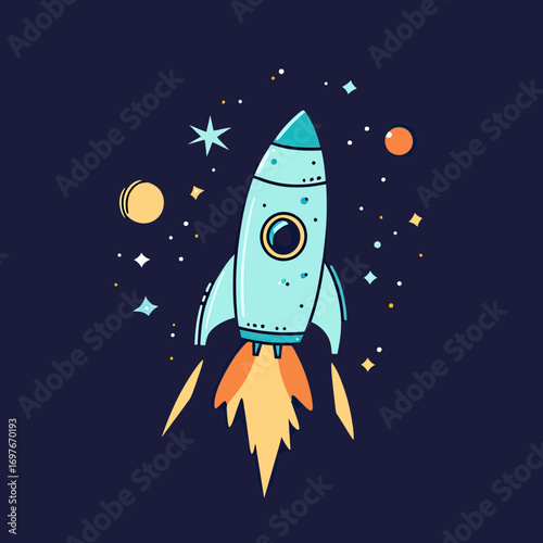 Hand drawn cartoon rocket launching into space with stars planets colorful flat minimalist vector illustration for kids science technology exploration concept