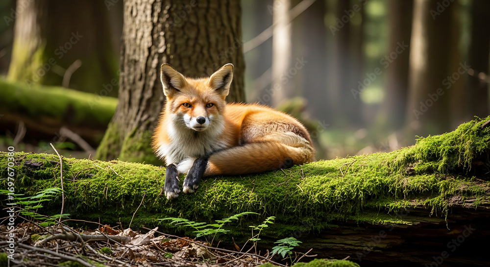 Fototapeta premium red fox sitting on a tree