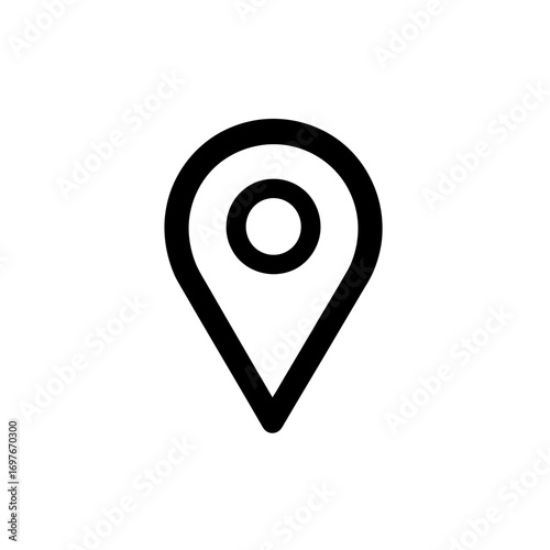 Minimalist black location pin icon with circular center marker for map navigation and geolocation symbol vector design in flat style