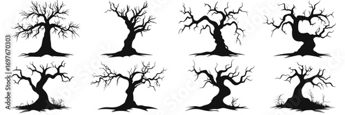Set of eight black and white twisted bare haunted trees with eerie branches and minimalist flat vector style Halloween spooky designs for fall season decorations and horror themes