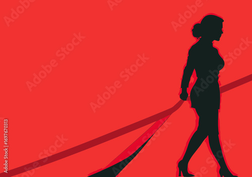 Silhouette of businesswoman pulling and breaking red tape symbolizing overcoming career obstacles and gender barriers in workplace effort concept vector