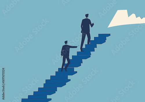 Businessmen climbing abstract blue stairs concept for career growth ambition leadership success motivation and achievement metaphor in minimalist style vector