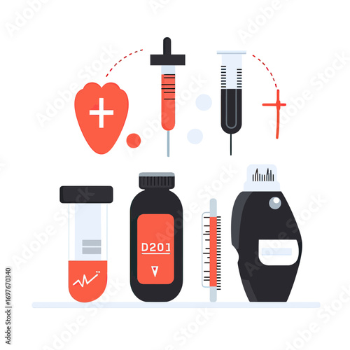 Flat minimalist vector illustration of diabetes medical tools including blood test tubes, insulin syringe, glucose meter, thermometer, and medication bottle with heart symbol and blood drop