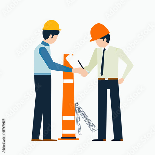 Two engineers wearing hard hats shaking hands near industrial chimney with crane outline in flat minimalist style vector illustration
