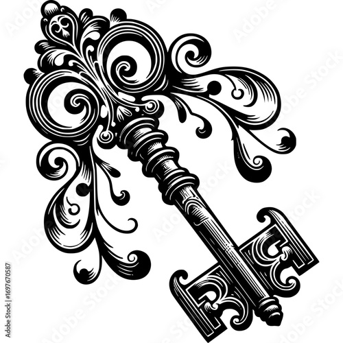 Elegant Key Ornament: A stunning display of a vintage ornate key, decorated with delicate spirals, showcasing its timeless beauty.