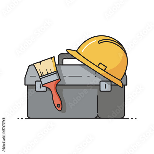 Yellow hard hat and paintbrush on gray toolbox for construction and renovation tools – stock vector flat illustration