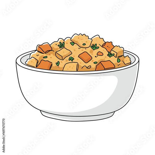Cartoon bowl of crouton salad with herbs and vegetables – stock vector flat illustration