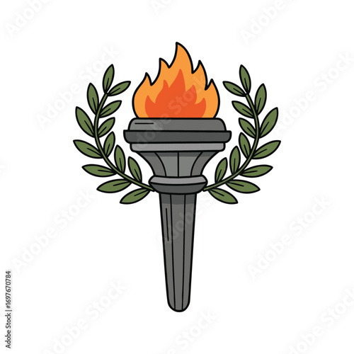 Olympic torch with flaming fire and olive wreath symbolizing victory and unity – stock vector flat illustration