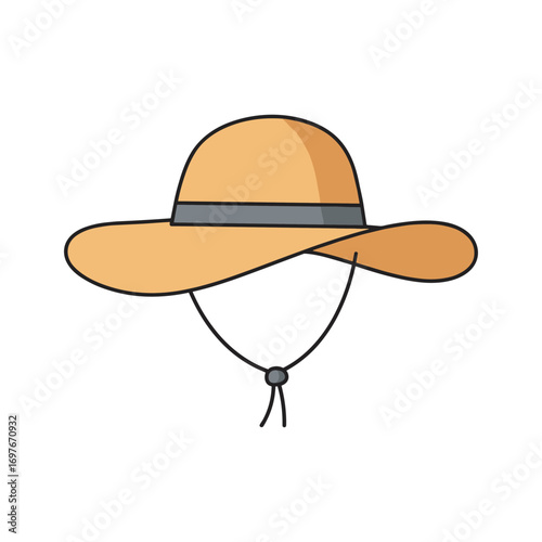 Illustration of a wide-brimmed straw sun hat with strap – stock vector flat illustration