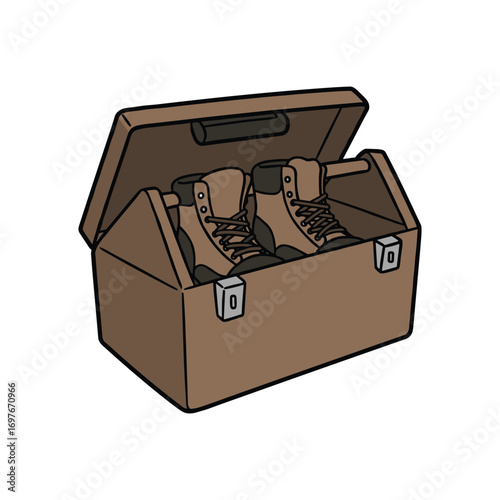 Brown hiking boots in open wooden box with metal latches – stock vector flat illustration