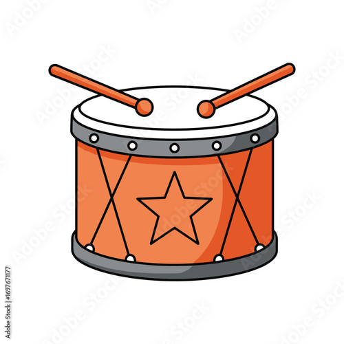 Orange toy drum with star and drumsticks – stock vector flat illustration