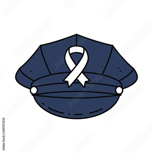 Navy blue police hat with white awareness ribbon – stock vector flat illustration