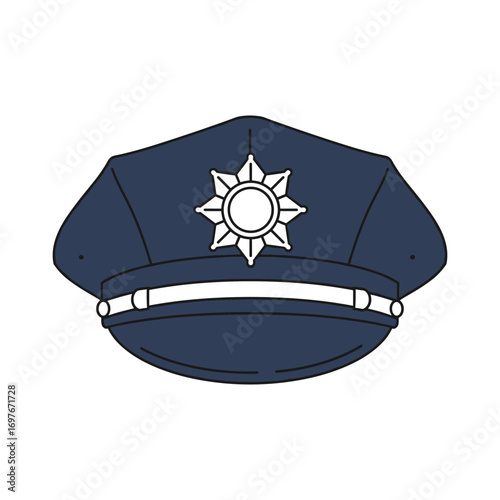 Navy blue police hat with star badge emblem in simple design – stock vector flat illustration
