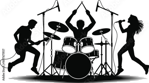 Energetic rock band performing live on stage, silhouette of guitarist, drummer, and female singer with microphones, musical instruments, concert vibes