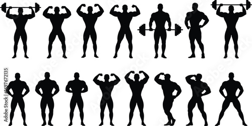 Bodybuilder silhouette collection, muscular man posing, gym fitness icons, bodybuilding vector art, strong male workout poses, powerlifting graphic set