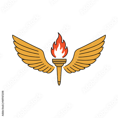 Golden winged torch with flames symbolizing freedom and power – stock vector flat illustration