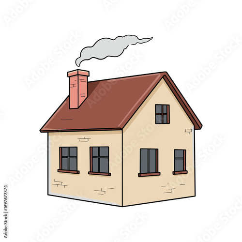 Cartoon house with red roof and smoking chimney – stock vector flat illustration