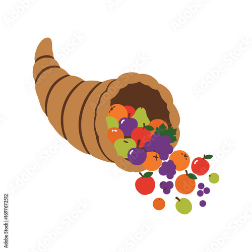 Colorful cornucopia overflowing with fruits and vegetables – stock vector flat illustration