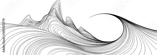 Abstract wave line art, mountain landscape illustration, modern minimalist design, contour drawing, geometric background, nature inspiration