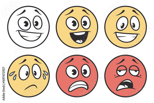 Set of six cartoon emoticons with different expressions