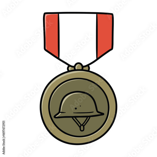 Military medal with helmet emblem and red ribbon illustration – stock vector flat illustration