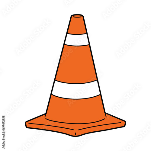 Orange traffic cone with white stripes – stock vector flat illustration