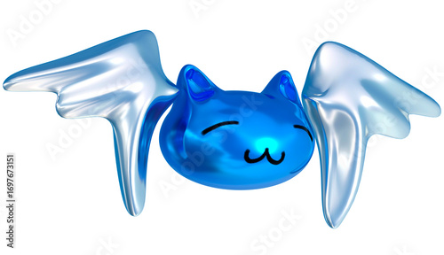 Angel Cat 3D Blue Glossy Y2K Frutiger Aero PNG
