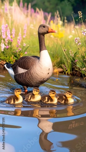 Greylag goose with goslings in a pond