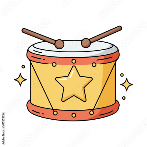 Colorful cartoon drum with star design and drumsticks – stock vector flat illustration