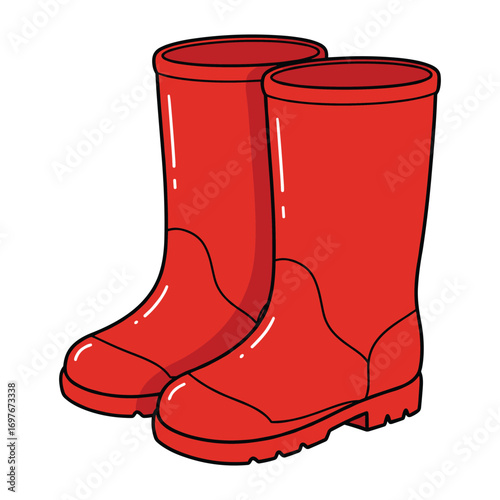 Pair of red rubber boots with glossy finish – stock vector flat illustration