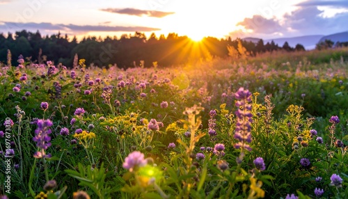 Fototapeta Naklejka Na Ścianę i Meble -  Sunset over a meadow of wildflowers