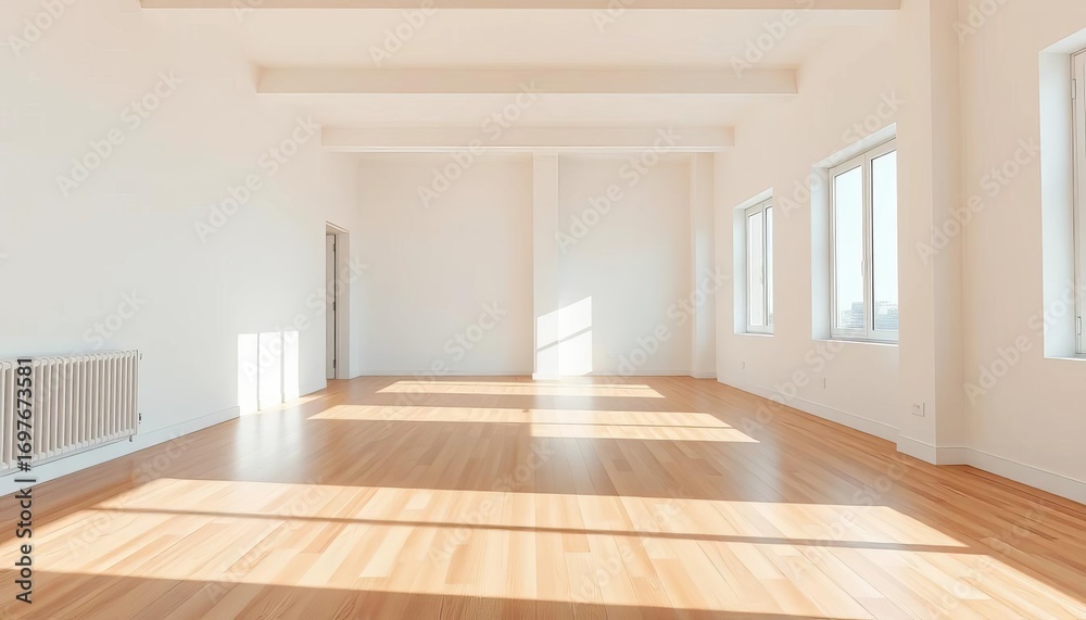 Fototapeta premium Empty, sunlit apartment with bare floors and white walls, new, architecture