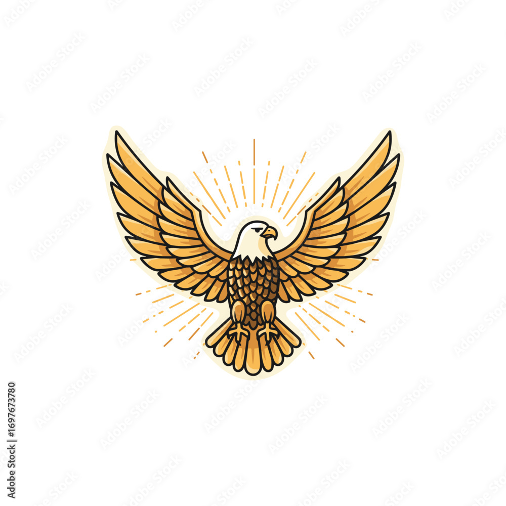 Naklejka premium Majestic eagle emblem with outstretched wings and radiant background – stock vector flat illustration