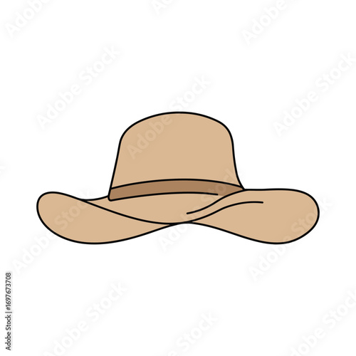 Wide-brimmed beige cowboy hat with black trim – stock vector flat illustration