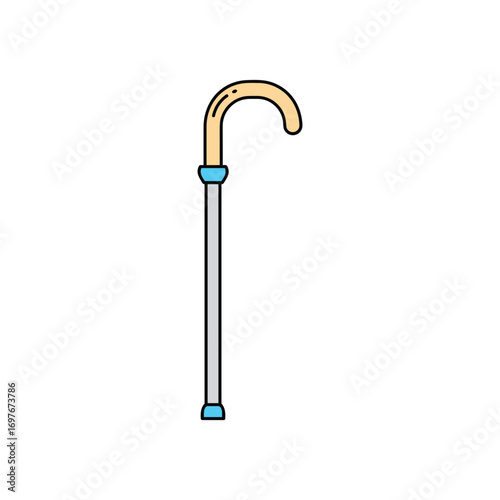 Simple wooden walking cane with blue accent and curved handle – stock vector flat illustration