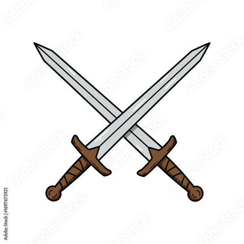 Crossed medieval swords with wooden handles – stock vector flat illustration