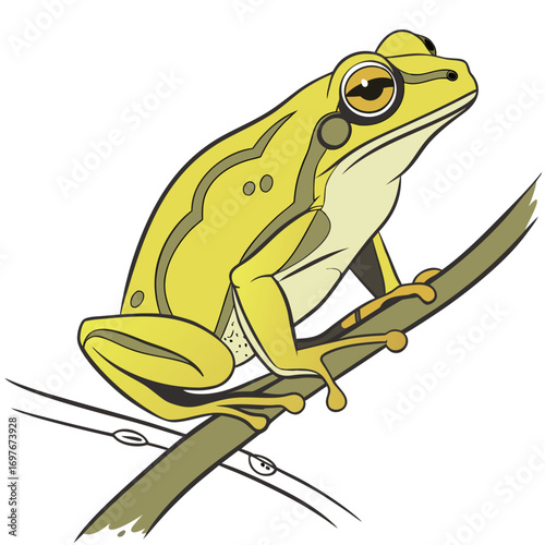 Green frog cartoon character sitting on branch