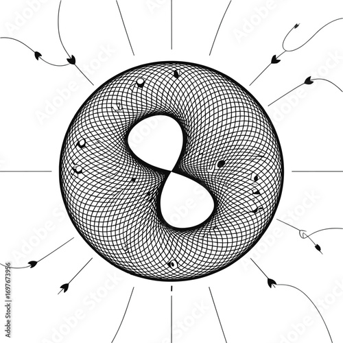 Abstract geometric torus shape, infinity mesh design, circular energy flow, mathematical pattern illustration, arrows direction graphic artwork