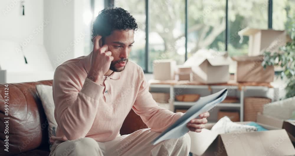 Stress, documents and reading with man on sofa for home loan rejection, foreclosure and risk. Debt letter, eviction notice and frustrated with person in living room of apartment for paperwork