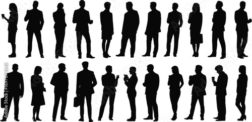 Silhouette of business people standing, talking, working, networking, and communicating in office environment, professional corporate team concept illustration