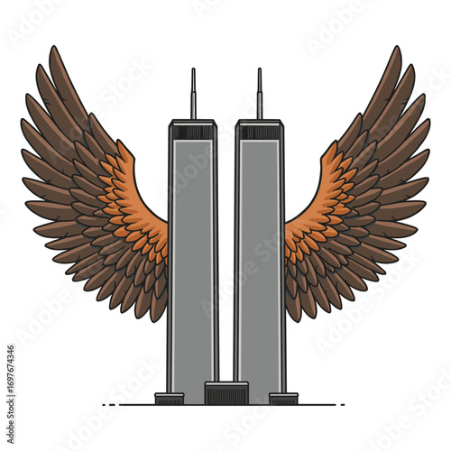Twin towers with angel wings illustration: iconic structures in surreal artistic interpretation – stock vector flat illustration