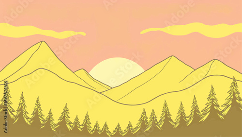 Mountains and trees at sunset in minimalist yellow style  