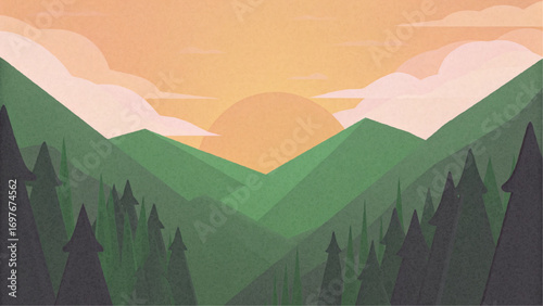 Sunrise over green mountains with stylized trees and clouds  