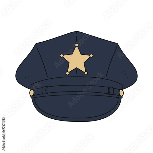 Dark blue police hat with gold star emblem – stock vector flat illustration