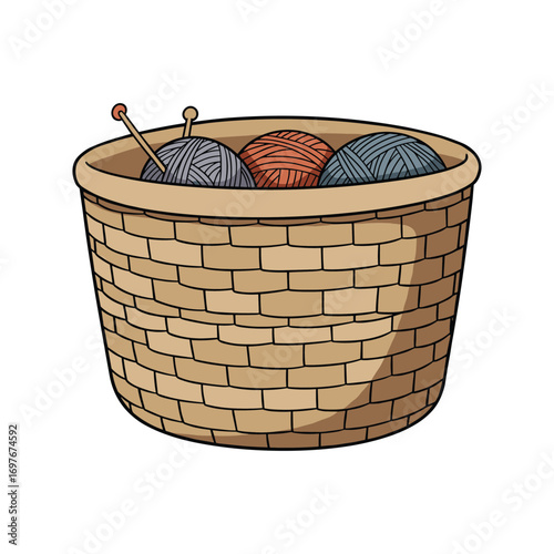 Basket of yarn with knitting needles – stock vector flat illustration