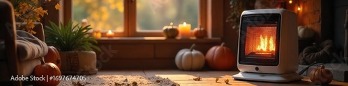 Cozy autumn scene featuring a warm, inviting space heater, perfect for chilly seasonal weather Ideal for home comfort and energy efficiency imagery , vintage, chill