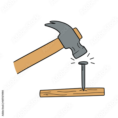 Hammer striking nail into wood plank with precision and forceful impact – stock vector flat illustration
