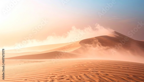 Fototapeta Naklejka Na Ścianę i Meble -  Desert Landscape at Sunrise with Sand Dunes and Mist