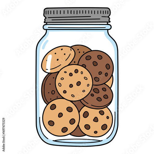 Glass jar filled with assorted chocolate and vanilla cookies – stock vector flat illustration